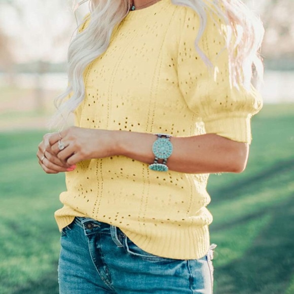 Puff Short Sleeve Sweaters Tops Summer Soft Crew Neck Dot Pullover Shirt - Picture 2 of 5